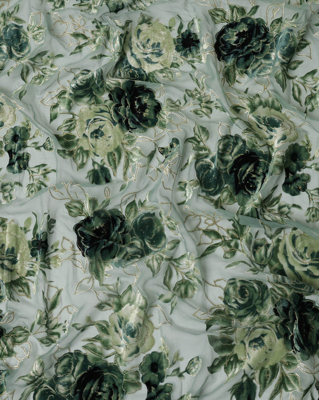 Green Rose Floral Printed Silk Blended Velvet Fabric with Multi-Tone Detailing, 140 cm Width, Made in China-D26638