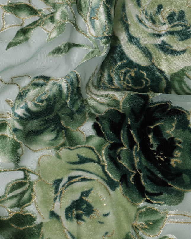Green Rose Floral Printed Silk Blended Velvet Fabric with Multi-Tone Detailing, 140 cm Width, Made in China-D26638