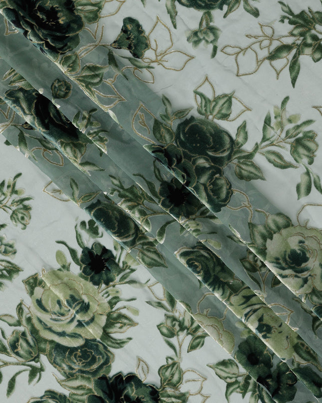 Green Rose Floral Printed Silk Blended Velvet Fabric with Multi-Tone Detailing, 140 cm Width, Made in China-D26638