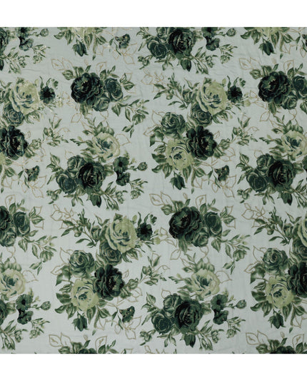 Green Rose Floral Printed Silk Blended Velvet Fabric with Multi-Tone Detailing, 140 cm Width, Made in China-D26638