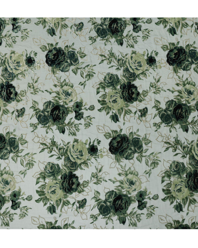 Green Rose Floral Printed Silk Blended Velvet Fabric with Multi-Tone Detailing, 140 cm Width, Made in China-D26638