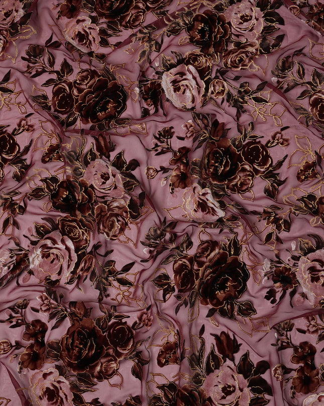 Mauve and Burgundy Rose Floral Burnout Design Silk Blended Velvet Chiffon Fabric, 140 cm Width, Made in China-D26642