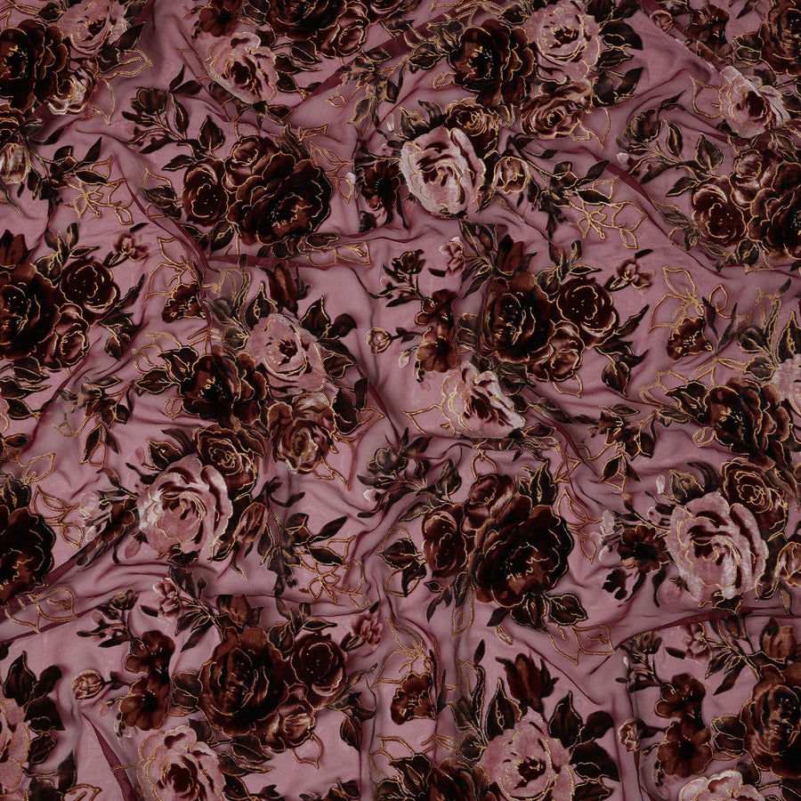 Mauve and Burgundy Rose Floral Burnout Design Silk Blended Velvet Chiffon Fabric, 140 cm Width, Made in China-D26642