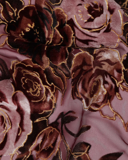 Mauve and Burgundy Rose Floral Burnout Design Silk Blended Velvet Chiffon Fabric, 140 cm Width, Made in China-D26642