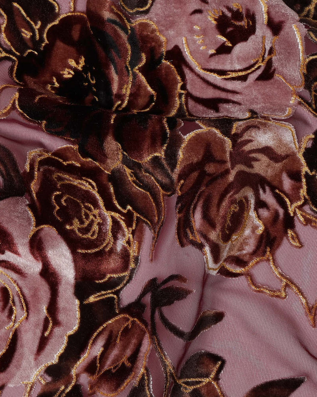 Mauve and Burgundy Rose Floral Burnout Design Silk Blended Velvet Chiffon Fabric, 140 cm Width, Made in China-D26642