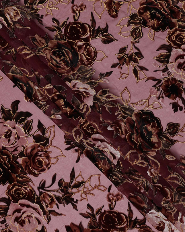 Mauve and Burgundy Rose Floral Burnout Design Silk Blended Velvet Chiffon Fabric, 140 cm Width, Made in China-D26642