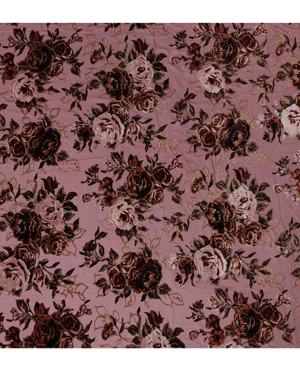 Mauve and Burgundy Rose Floral Burnout Design Silk Blended Velvet Chiffon Fabric, 140 cm Width, Made in China-D26642