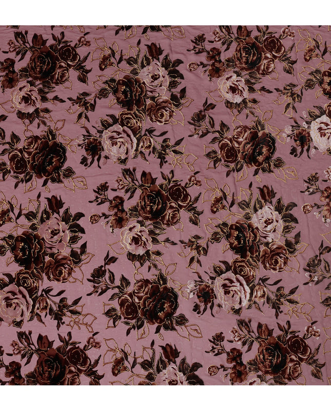 Mauve and Burgundy Rose Floral Burnout Design Silk Blended Velvet Chiffon Fabric, 140 cm Width, Made in China-D26642