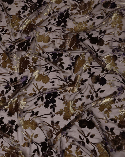 Brown and Gold Floral Burnout Design Silk Blended Velvet Chiffon Fabric, 140 cm Width, Made in China-D26645