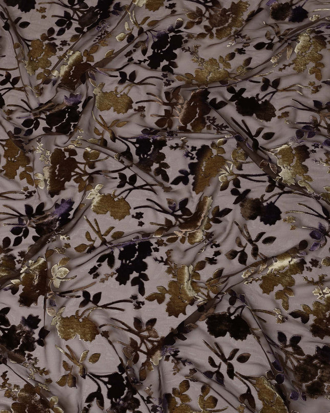 Brown and Gold Floral Burnout Design Silk Blended Velvet Chiffon Fabric, 140 cm Width, Made in China-D26645