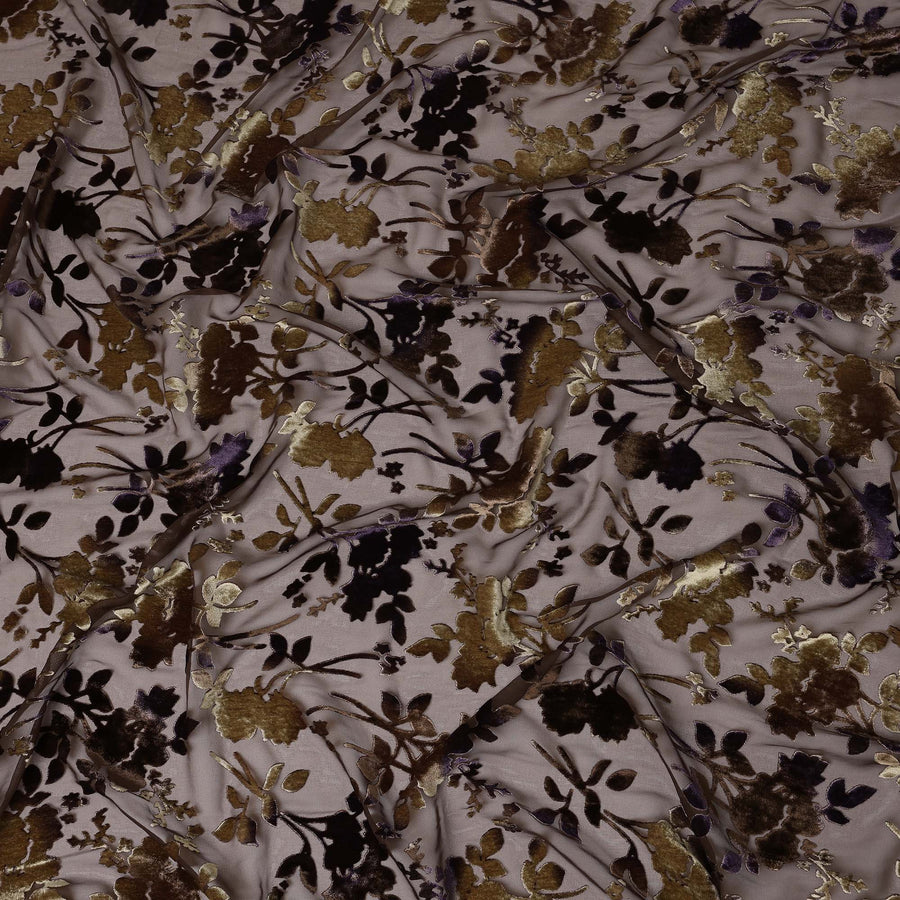 Brown and Gold Floral Burnout Design Silk Blended Velvet Chiffon Fabric, 140 cm Width, Made in China-D26645