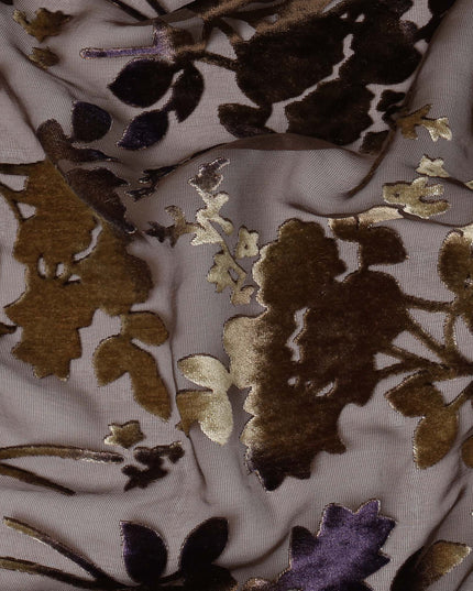 Brown and Gold Floral Burnout Design Silk Blended Velvet Chiffon Fabric, 140 cm Width, Made in China-D26645