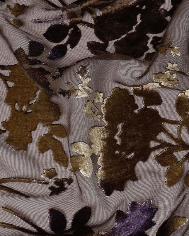 Brown and Gold Floral Burnout Design Silk Blended Velvet Chiffon Fabric, 140 cm Width, Made in China-D26645