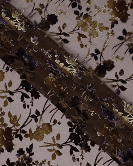 Brown and Gold Floral Burnout Design Silk Blended Velvet Chiffon Fabric, 140 cm Width, Made in China-D26645