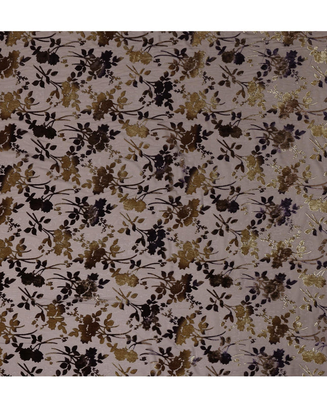 Brown and Gold Floral Burnout Design Silk Blended Velvet Chiffon Fabric, 140 cm Width, Made in China-D26645