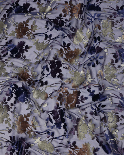 Lavender and Navy Blue Floral Printed Synthetic Burnout Chiffon Velvet Fabric 140 Cms Width China-D28196