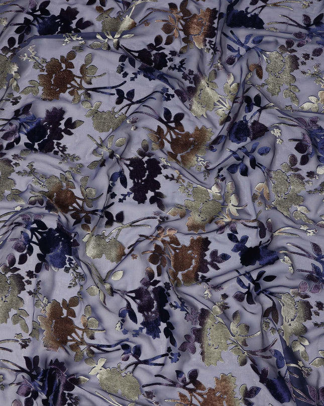 Lavender and Navy Blue Floral Printed Synthetic Burnout Chiffon Velvet Fabric 140 Cms Width China-D28196