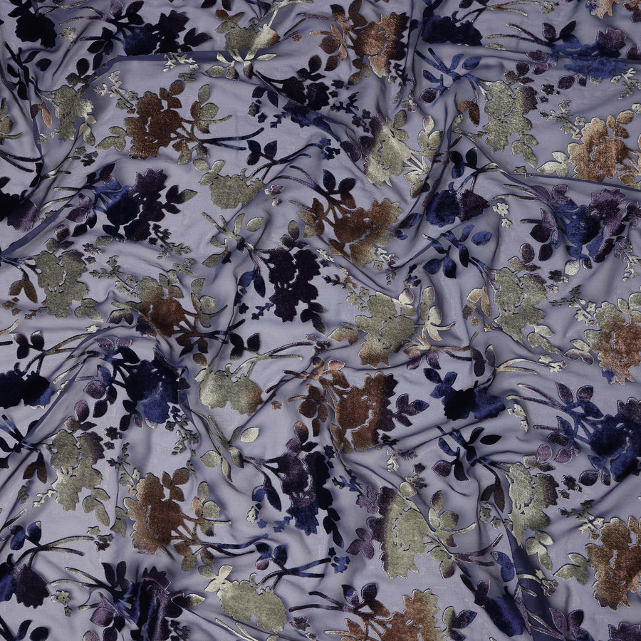 Lavender and Navy Blue Floral Printed Synthetic Burnout Chiffon Velvet Fabric 140 Cms Width China-D28196