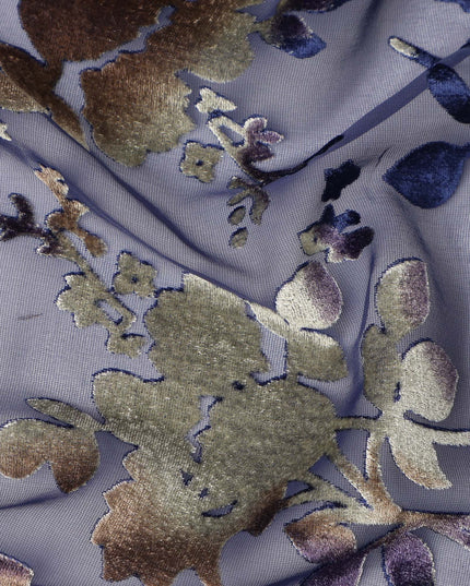 Lavender and Navy Blue Floral Printed Synthetic Burnout Chiffon Velvet Fabric 140 Cms Width China-D28196