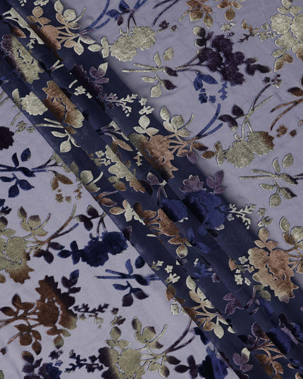Lavender and Navy Blue Floral Printed Synthetic Burnout Chiffon Velvet Fabric 140 Cms Width China-D28196