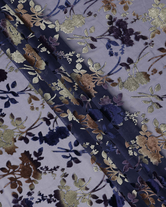 Lavender and Navy Blue Floral Printed Synthetic Burnout Chiffon Velvet Fabric 140 Cms Width China-D28196