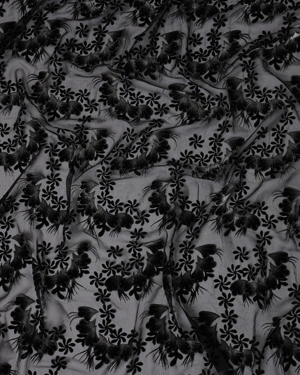 Black Floral Burnout Design Silk Blended Velvet Chiffon Fabric, 140 cm Width, Made in China-D26643