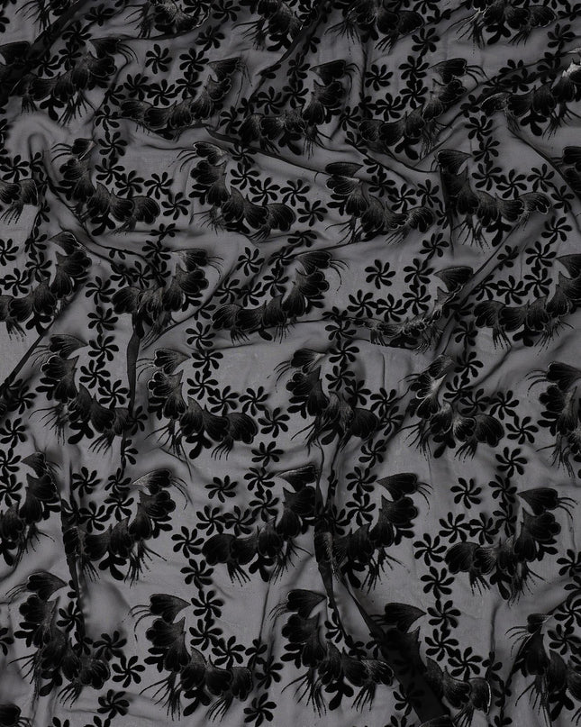Black Floral Burnout Design Silk Blended Velvet Chiffon Fabric, 140 cm Width, Made in China-D26643