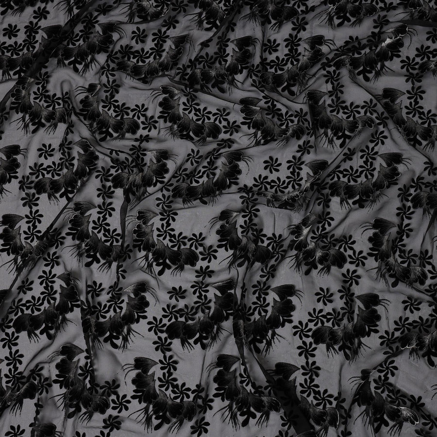 Black Floral Burnout Design Silk Blended Velvet Chiffon Fabric, 140 cm Width, Made in China-D26643