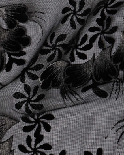 Black Floral Burnout Design Silk Blended Velvet Chiffon Fabric, 140 cm Width, Made in China-D26643