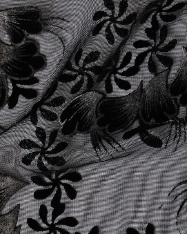 Black Floral Burnout Design Silk Blended Velvet Chiffon Fabric, 140 cm Width, Made in China-D26643