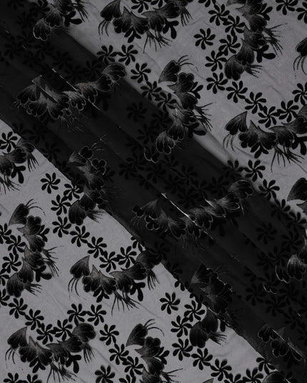 Black Floral Burnout Design Silk Blended Velvet Chiffon Fabric, 140 cm Width, Made in China-D26643