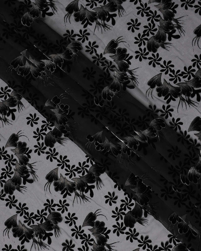 Black Floral Burnout Design Silk Blended Velvet Chiffon Fabric, 140 cm Width, Made in China-D26643