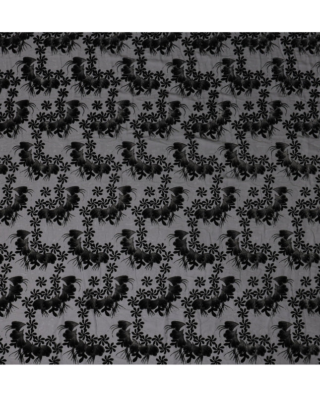 Black Floral Burnout Design Silk Blended Velvet Chiffon Fabric, 140 cm Width, Made in China-D26643