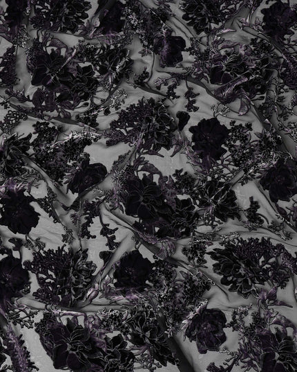 Purple and Black Floral Burnout Design Silk Blended Velvet Chiffon Fabric, 140 cm Width, Made in China-D26644