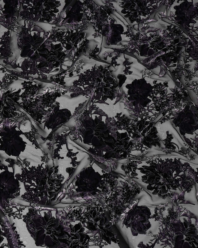 Purple and Black Floral Burnout Design Silk Blended Velvet Chiffon Fabric, 140 cm Width, Made in China-D26644