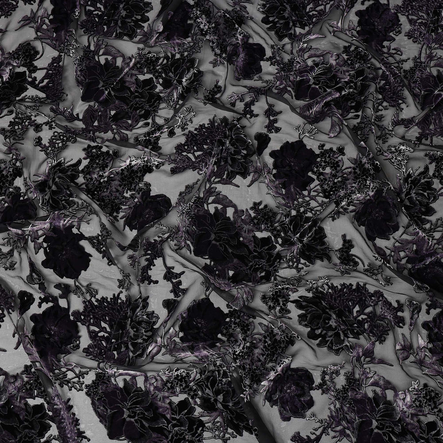 Purple and Black Floral Burnout Design Silk Blended Velvet Chiffon Fabric, 140 cm Width, Made in China-D26644