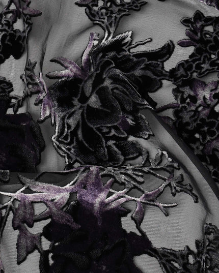 Black and Purple Floral Embossed Synthetic Blended Velvet Fabric, 140 Cms Width, Made in China-D26341