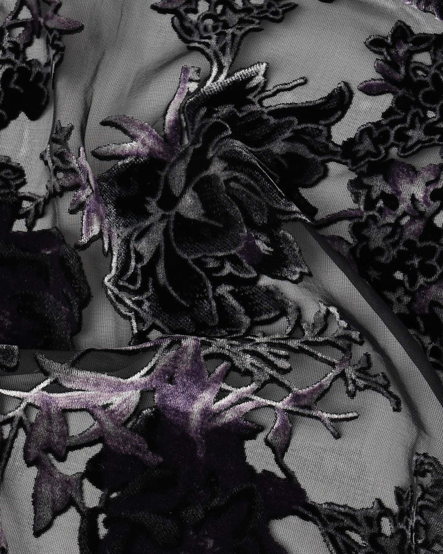 Purple and Black Floral Burnout Design Silk Blended Velvet Chiffon Fabric, 140 cm Width, Made in China-D26644
