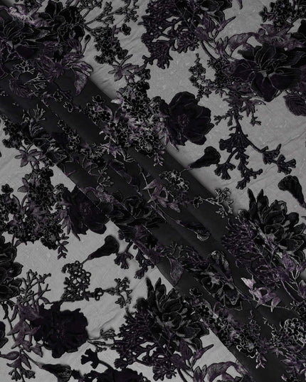 Purple and Black Floral Burnout Design Silk Blended Velvet Chiffon Fabric, 140 cm Width, Made in China-D26644