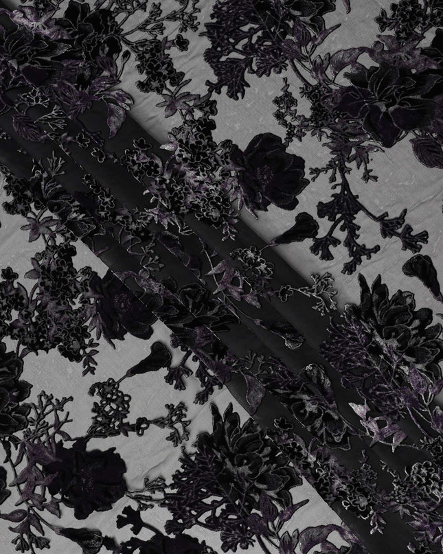 Purple and Black Floral Burnout Design Silk Blended Velvet Chiffon Fabric, 140 cm Width, Made in China-D26644
