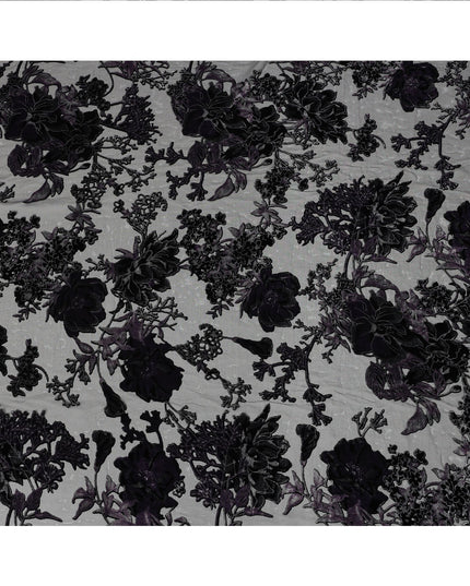 Black and Purple Floral Embossed Synthetic Blended Velvet Fabric, 140 Cms Width, Made in China-D26341