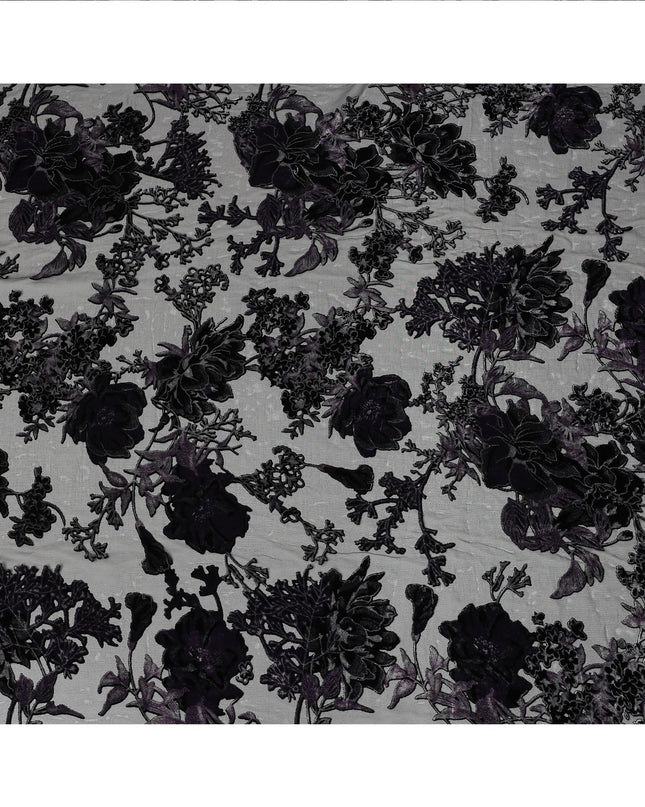 Black and Purple Floral Embossed Synthetic Blended Velvet Fabric, 140 Cms Width, Made in China-D26341