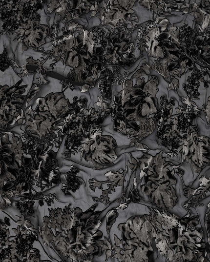 Black and Charcoal Floral Burnout Design Silk Blended Velvet Chiffon Fabric, 140 cm Width, Made in China-D26641