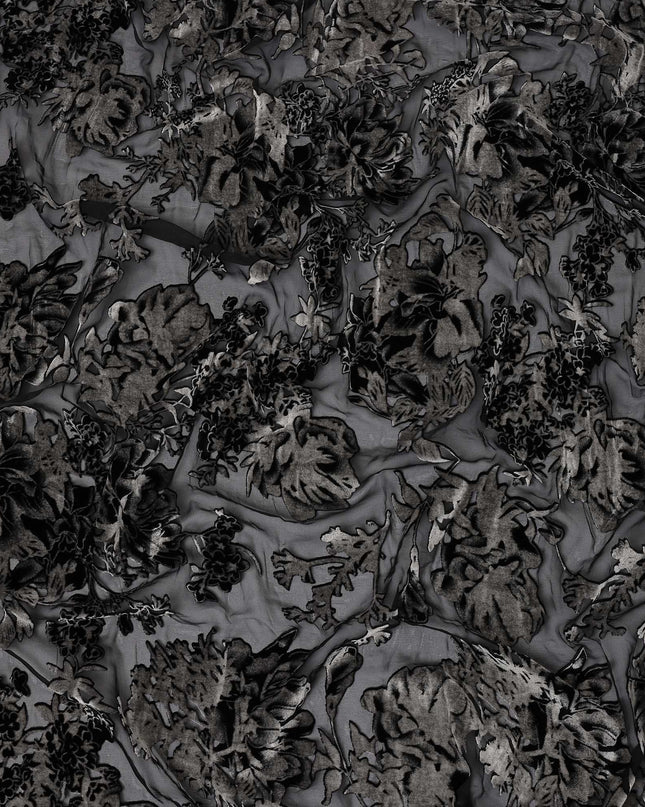 Black and Charcoal Floral Burnout Design Silk Blended Velvet Chiffon Fabric, 140 cm Width, Made in China-D26641