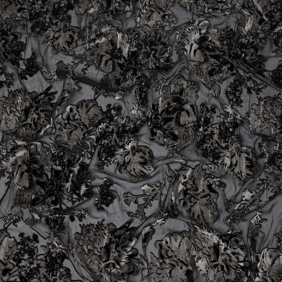 Black and Charcoal Floral Burnout Design Silk Blended Velvet Chiffon Fabric, 140 cm Width, Made in China-D26641