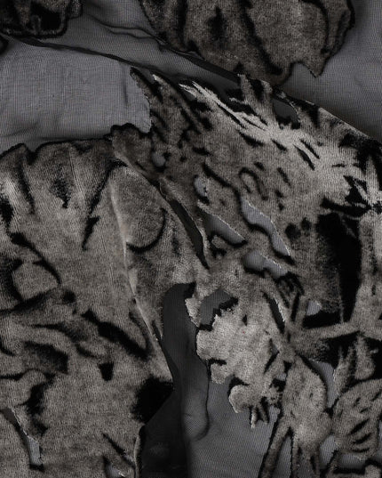 Black and Charcoal Floral Burnout Design Silk Blended Velvet Chiffon Fabric, 140 cm Width, Made in China-D26641