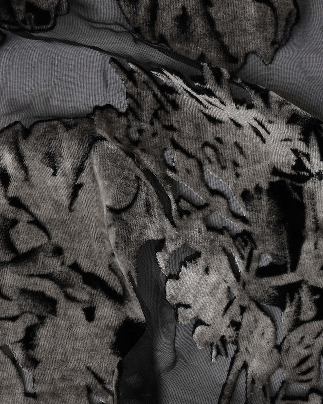 Black and Charcoal Floral Burnout Design Silk Blended Velvet Chiffon Fabric, 140 cm Width, Made in China-D26641