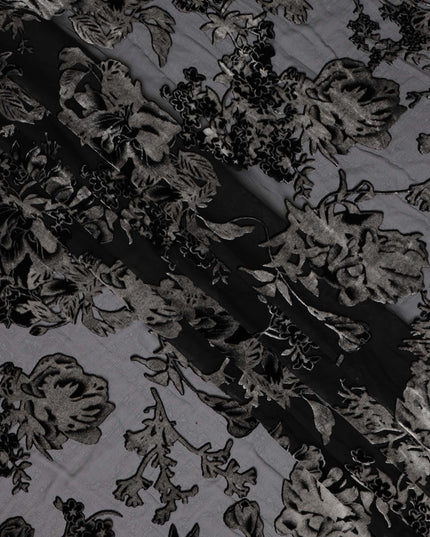 Black and Charcoal Floral Burnout Design Silk Blended Velvet Chiffon Fabric, 140 cm Width, Made in China-D26641