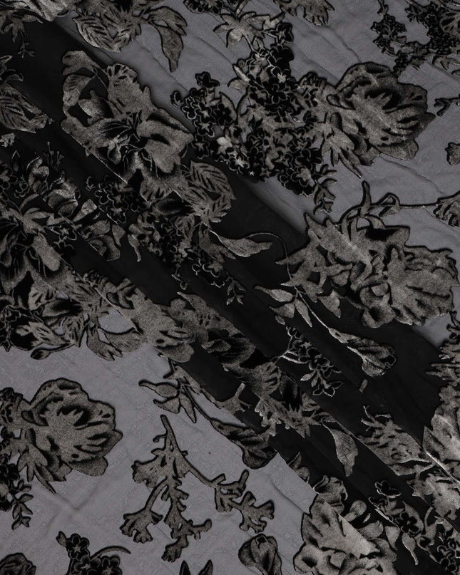 Black and Charcoal Floral Burnout Design Silk Blended Velvet Chiffon Fabric, 140 cm Width, Made in China-D26641