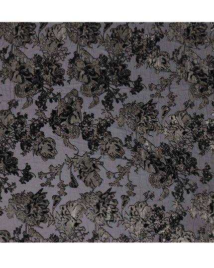 Black and Charcoal Floral Burnout Design Silk Blended Velvet Chiffon Fabric, 140 cm Width, Made in China-D26641